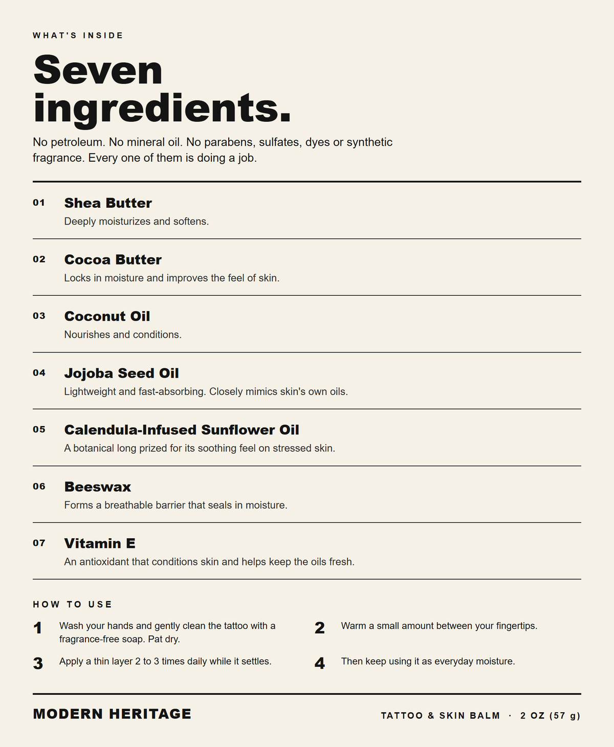 Seven ingredients in Modern Heritage tattoo balm: shea butter, cocoa butter, coconut oil, jojoba seed oil, calendula-infused sunflower oil, beeswax and vitamin E, with directions for use