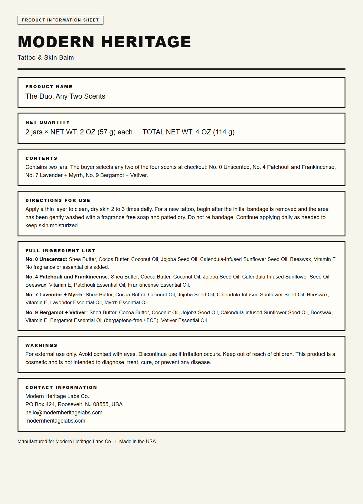 The Duo product information: two jars, net quantity, directions for use and full ingredient list for every scent